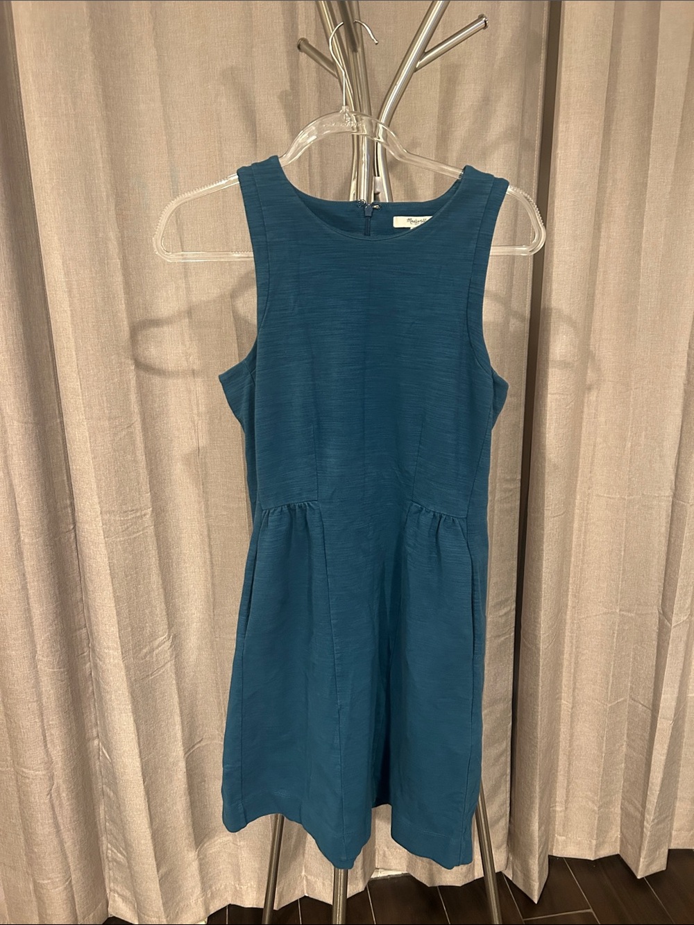 Madewell Teal Sleeveless Textured Dress with pockets.